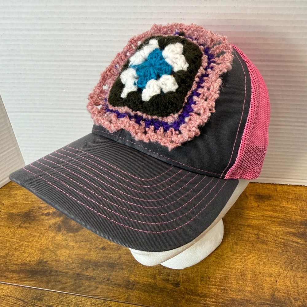 Custom‎ Handmade Crochet Granny Square Upcycled Hat Cap Pink Gray Boho Unique